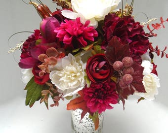 Fall Floral Arrangement in Metallic Glass Vase - " Natural Elegance" Autumn, Thanksgiving Floral, Fall Floral Centerpiece, Fall Floral