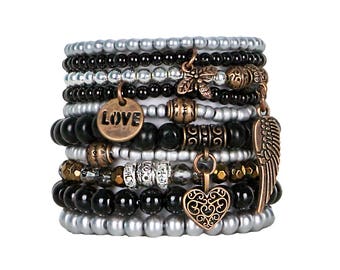 Beaded Bracelets Set of 10 Stretch Bracelets Bohemian Love Themed Stack with Copper Tone Charms