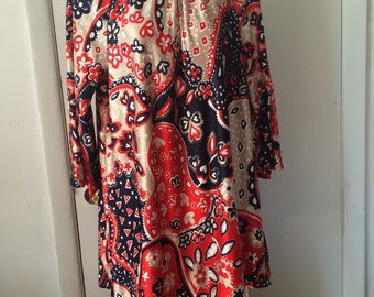 Psychedelic Paisley Indorables of California New Old Stock Tunic and Pant Lounge Set Navy and Red Slinky Nylon Screen Print