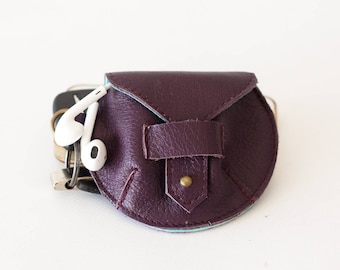 Purple leather case for earphones, earbuds pouch headphone holder cable holder organizer earphone keeper coin purse