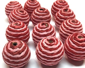 Red Pink Stripe Paper Bead Balls - Twelve (12)
