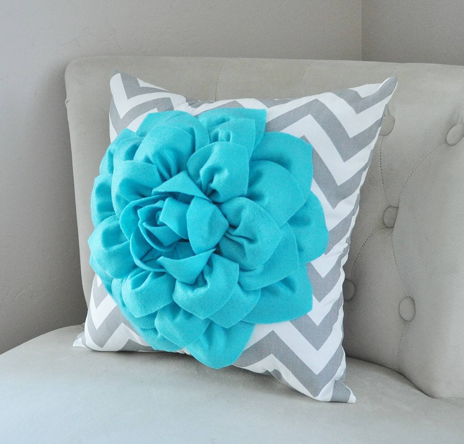 Blue Throw Pillow Turquoise Dahlia on Gray and White Zigzag