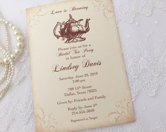 Tea Invites, Tea Invitations, Bridal Tea Invitations, Bridal Tea Party Invitations, Printed, Set of 10