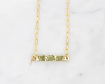 raw peridot necklace | green peridot pendant | august birthstone pendant | august birthstone necklace | raw crystal necklace | bar pendant