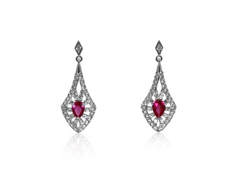 Art deco earrings, Drop earrings, Dangle earrings, january birthstone, Garnet earrings, Bridal earrings, Signity cubic, Gift for her