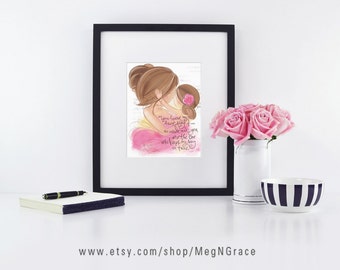 Brunette Mother and Daughter Child's Room Wall Art Print Gift