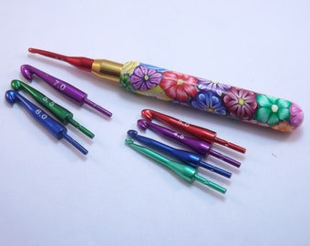 Extra Large Ergonomic Interchangeable Head Crochet Hook Colorful Millefiori Floral