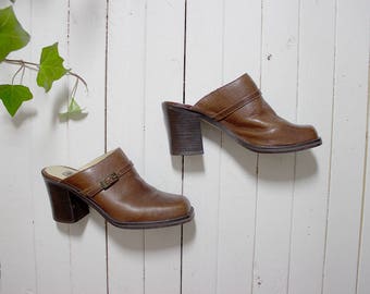 Vintage Leather Mules 7.5 / Chunky Leather Mules / Brown Leather Mules / Brown Leather Clogs / Leather Slip Ons