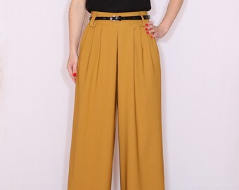 High waist Wide leg pants, Mustard yellow pants with pockets, Womens pants, Custom made clothing