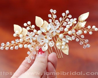 Victorian Inspired Gold Wedding Bridal Flower Hair Clip Accented with Pearl and crystal ,Small Gold Flower Bridal Hair Accessories