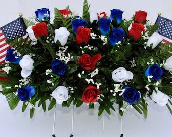 Cemetery saddle~summer flowers~Patriotic Mix~cemetery flowers~graveside flowers~saddle arrangement~flowers for graves~vase filler