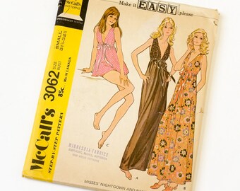 Vintage 1970s Womens Size Small Low Cut Nightgown in Two Lengths and Panties McCalls Sewing Pattern 3062 FACTORY Folds / bust 31.5-32.5