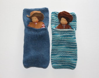 Hand knit merino wool sleeping/storage bag for toys-denim blue