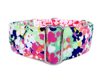 Phoebe's Garden Floral and Damask Martingale Dog Collar or Buckle Collar, Monet Inspired Pink Feminine Flower Collar, Red and White Damask