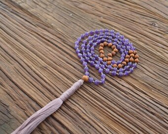 I AM PEACE Mala, Knotted gemstone Mala Necklace, Amethyst & Sandalwood, Prayer Beads, Meditation, 108 Japa Mala, Yoga Jewelry, Tassel.