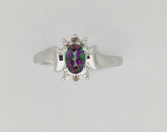 Natural Mystic Topaz with Natural Diamond Ring 925 Sterling Silver