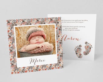 Tiny toes birth/baptism thank you card, brown/rust - Aaron model walking liberty print