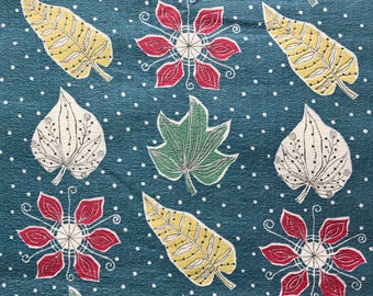 Vintage Barkcloth Fabric - 50s Botanic Leaves Leaf, Remnant, Retro Fabric, Vintage Fabric, 1950s