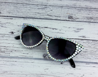 HOLLYWOOD Silver & Black Bling Cat Eye Sunglasses Sparkly Festival Sunglasses Rhinestone Rockabilly Pin Up Sunnies Retro Cats Eye Sunglasses