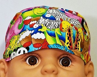Baby Animals Chemo Cap or Skull Cap, Handmade, Alopecia, Head Wrap, Hats, Hair Loss, Bald, Helmet Liner, Do Rag, Zoo, Children, Cancer, Caps