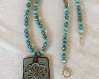 Ceramic flower pendant beaded necklace, Czech glass beads