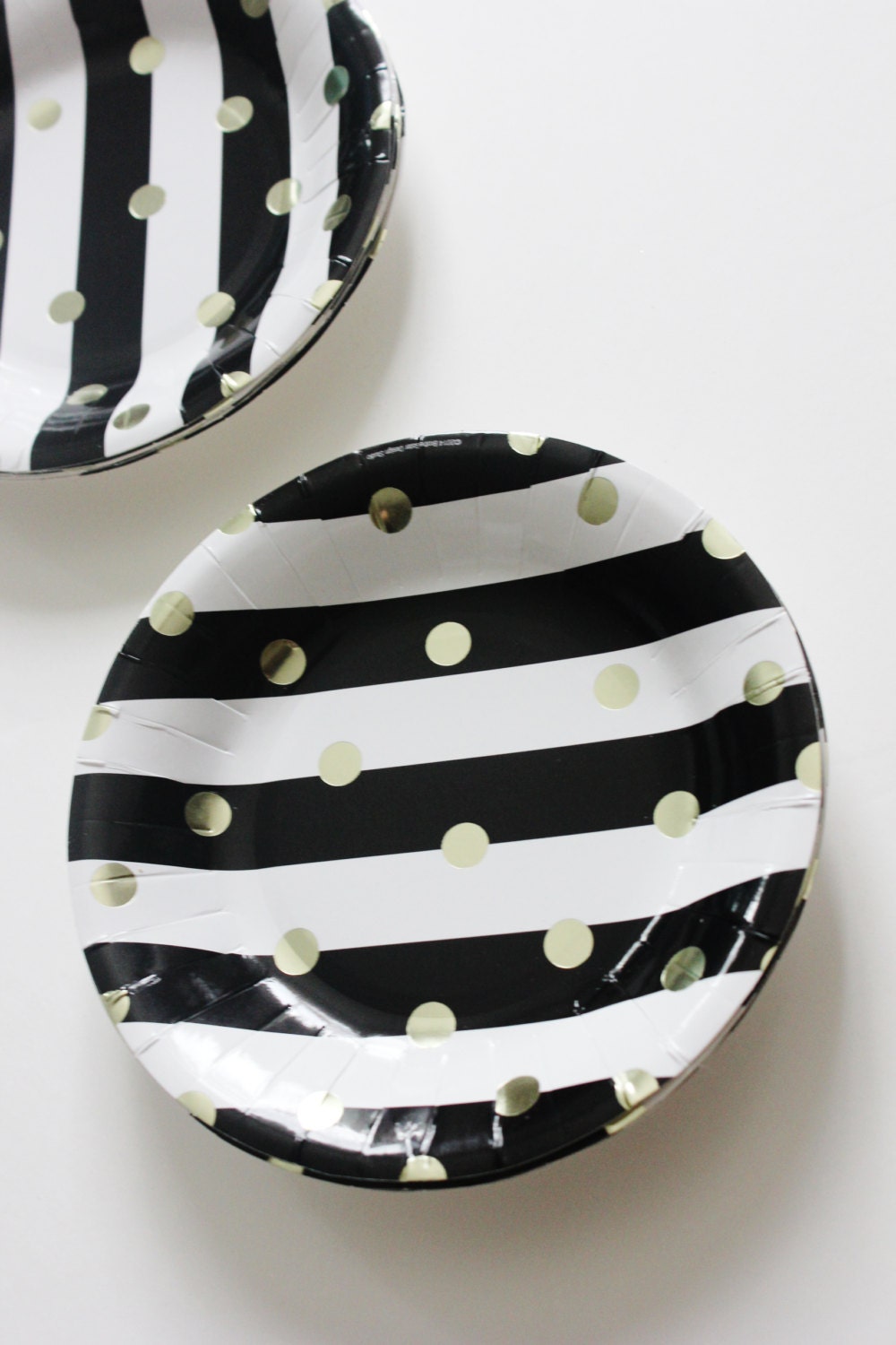 Set 8 BLACK & WHITE STRIPED Gold Polka Dot Large Paper Plates