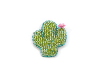 Cactus brooch, bead embroidery,green, pink, beads