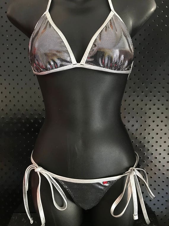 ONEofaKIND ***MissManeater DISCO BALL fixed bikini top + super low tie side scrunch bum boutique bikini set ***FREE thong pant!