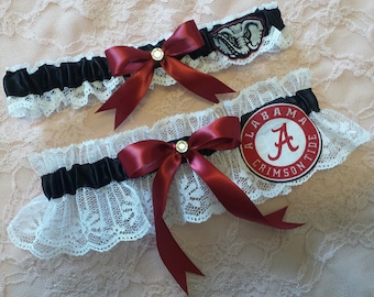 University of Alabama Crimson Tide Inspired White Lace Wedding Garter Belt Set