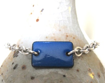 Blue Enamel Bracelet, Enameled Copper, Silver Chain, Chain Bracelet, Blue Rectangle, Geometric Jewelry, Silver Bracelet