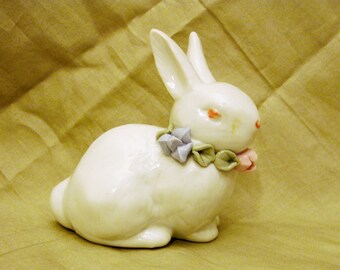 Miniature Porcelain Bunny with Pastel Flower Accents 3.6" X 3.5" X 2.0"