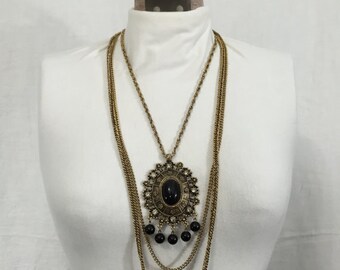 Vintage Celebrity Gems Triple Strand Black Embellished Pendant Necklace