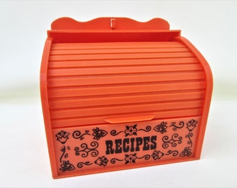 Vintage Roll Top Recipe Box | Recipe Holder | Plastic Roll Top Desk | Orange Kitchenware | Kitchen Storage | Recipe Storage