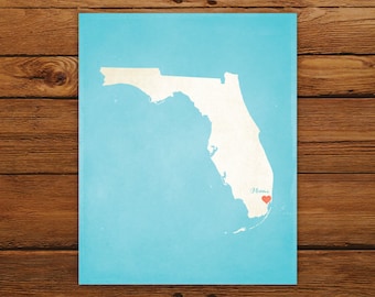 Customized Florida State Art Print, State Map, Heart, Silhouette, Aged-Look Personalized Print