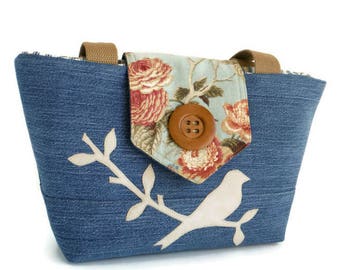 SALE - Denim Wayfarer Purse - Bird on a Branch Purse - Floral - Spring - Handmade Applique - Vegan