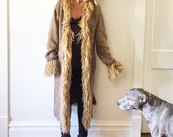 Vintage Alpaca Wool Maxi Cardigan , Faux Fur Long Cardigan , Sweater Coat
