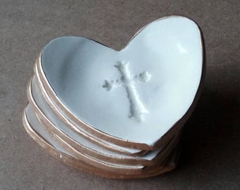ONE Ceramic Heart First Communion Favors Christening Favors small ring dishes edged in gold baptism favors