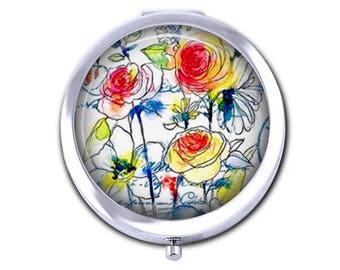 Floral pocket mirror, flower compact mirror, watercolor, bridesmaid gift for her, mothers day gift, purse mirror.