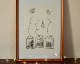 Teatime - Original artwork. Inktober illustration, ink drawing.