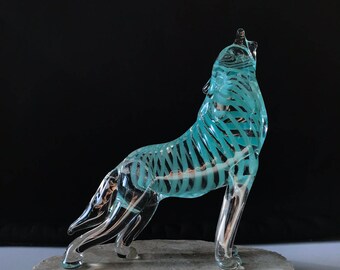 Handblown Glass Lone Wolf Howling Sculpture