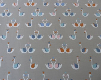 Cotton Jersey Fabric, Swans Print, Soft Grey Stretch Knit Material, For Dressmaking, Children's Clothes, Nursery, Craft