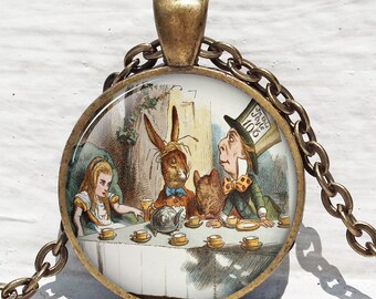 Alice In Wonderland Jewelry, A Mad Tea Party ,Mad Hatter March Hare, Fairy Tale Art Pendant in Bronze or Silver with Link Chain Include