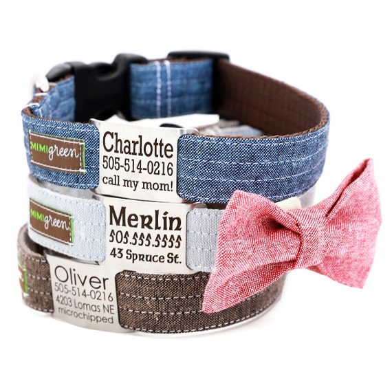 Personalized Name Plate Dog Collar Linen Dog Collar with