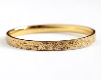 Gold Filled Bangle - Vintage 14k Rosy Yellow Gold Filled Hinged Bracelet - Retro 1970s Stacking 7 Inch Leaf Vine Brushed Finish HFB Jewelry