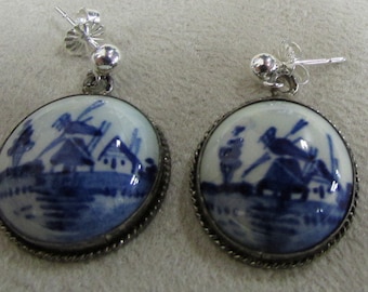 Sterling Silver and Blue Delft Dangle Post Earrings