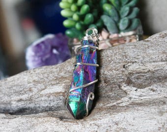 Rainbow Crystal Jewelry - Titanium Quartz Crystal Point Wire Wrapped Stone Pendant - Bohemian Necklace - Boho Gypsy Jewelry - Hippie Jewelry