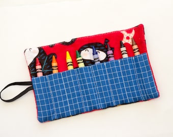 Red Ninja Crayon Roll, Flannel Crayon Roll with Ninjas, Red Fabric Crayon Holder, Red, Blue, and Black Cotton Fabrics, Handmade