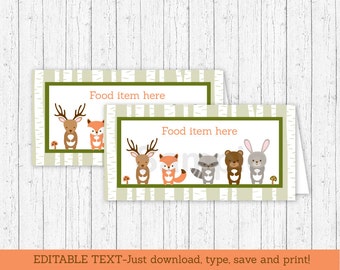Woodland Forest Animal Tent Cards / Food Labels / Place Cards / Woodland Baby Shower / INSTANT DOWNLOAD Editable PDF A187