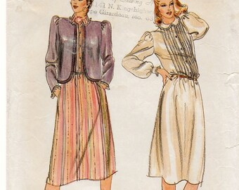 A Front Tuck Buttoned Bodice, Long Sleeve Dress & Shaped Hemline Short Jacket Sewing Pattern for Women: Size 8 Bust 31-1/2" • Butterick 3574