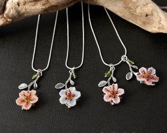 Cherry blossoms spring flowers beadwoven pendant